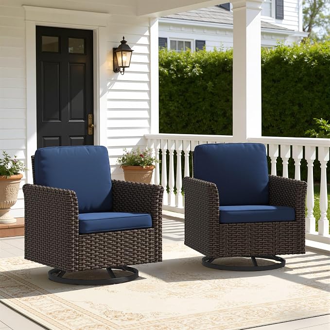 Patio Wicker Swivel Chairs with High Back Set of 2, All Weather PE Wicker Outdoor Swivel Chairs with Waterproof Cushion for Porch, Backyard, Balcony, Deck