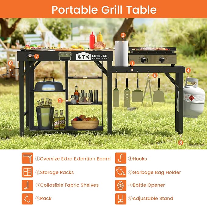Grill Table for Blackstone Griddle Camping Grill Table Foldable Fits Ninja | Portable Grill Table with Storage Blackstone Griddle Stand for Outdoor Camping, Picnic, Garden, Patio, Dining, BBQ, Party