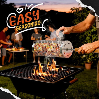 Rolling Grill Basket-Small,304 Stainless Steel Grill Basket with Removable Wooden Handle,BBQ Tool & Smoker Accessory for Veg & Shrimp,Ideal for Outdoor Cooking,Camping & Gifts for Dad/Husband/Men,9*4*4 inches(For 1-2 People)
