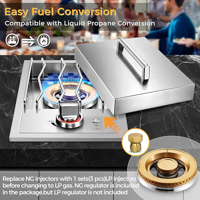 Grilling Side Burners for Outdoor Kitchen,18,000BTU Nature Gas Side Burner Convertible to Liquid Propane, Duty Heavy 304 Stainless Steel, Single Burner for BBQ Island Grill, Gold