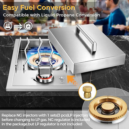 Grilling Side Burners for Outdoor Kitchen,18,000BTU Nature Gas Side Burner Convertible to Liquid Propane, Duty Heavy 304 Stainless Steel, Single Burner for BBQ Island Grill, Gold