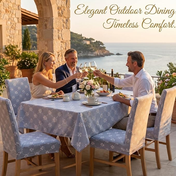 7 Pcs Gray Floral Tablecloth and Chair Covers Set Waterproof Vintage Farmhouse Rectangular Table Cover with Stretch Chair Slipcovers for Dining Room Patio Parties