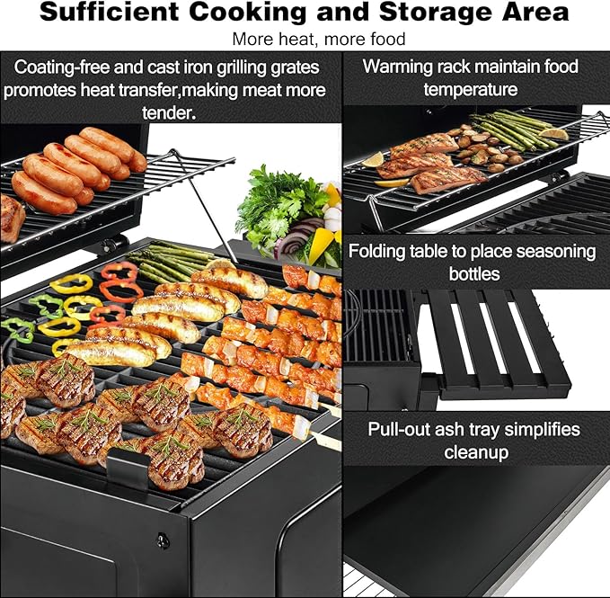 Charcoal Grills,Outdoor BBQ Grill Large Smoker Grill with Side Table,Backyard Barbecue Grill Patio and Parties,Grills with Cast Iron Grill Grates for Outdoor Cooking, Patio, Garden Barbecue