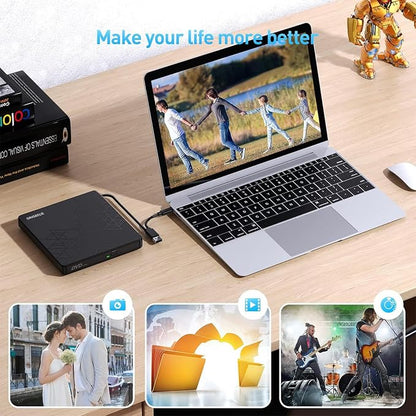 ORIGBELIE External CD DVD Drive, CD/DVD ROM +/-RW Adapter with USB Ports | USB 3.0 Type C Optical Disk Drive CD DVD Player Burner Reader Writer for Laptop PC Desktop Computer Macbook OS Windows Linux