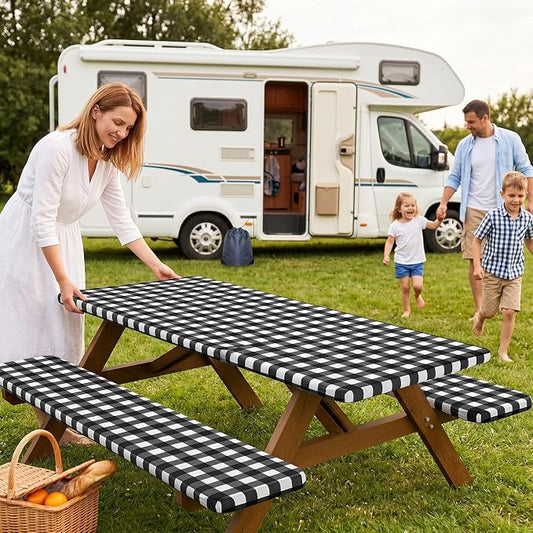 Smiry Picnic Table Cover with Bench Covers, Waterproof Elastic Fitted Tablecloths for 5 Foot Rectangle Tables, Washable Buffalo Plaid Tablecloth for Camping, Outdoor (Black & White, 30"x60")