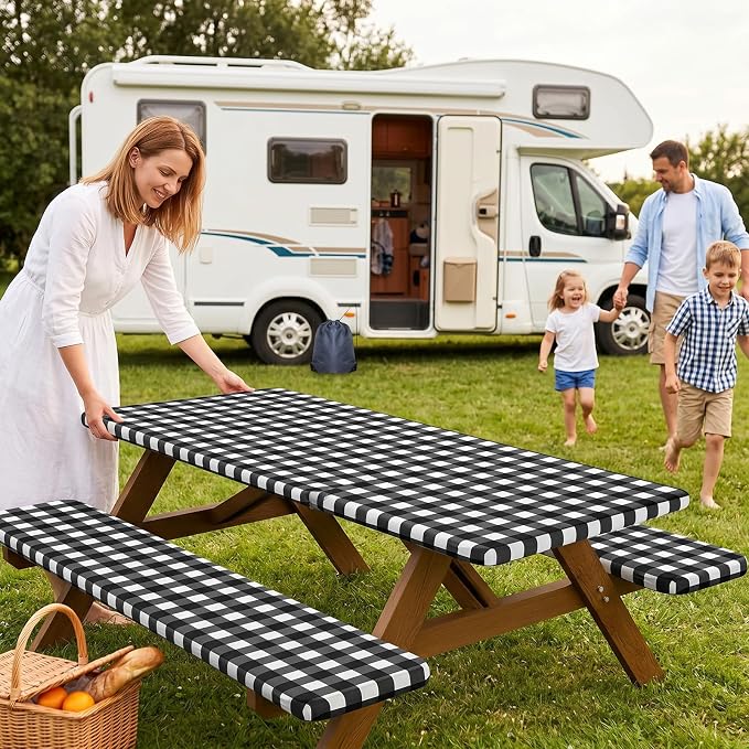 Smiry Picnic Table Cover with Bench Covers, Waterproof Elastic Fitted Tablecloths for 24x48 Rectangle Tables, Washable Buffalo Plaid Tablecloth for Camping, Outdoor (Black & White, 24" x 48")