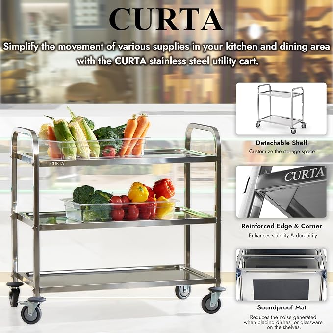 Stainless Steel Serving Trolley, 30" L x 16" W x 33" H 3 Tiered Shelf Kitchen Utility Cart, Rolling Casters Brake Wheel, Commercial Pro for Restaurant/Hotel/Lab/Clinic/Salon/Workshop