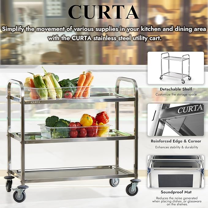 Stainless Steel Serving Trolley, 34" L x 18" W x 36" H 3 Tiered Shelf Kitchen Utility Cart, Rolling Casters Brake Wheel, Commercial Pro for Restaurant/Hotel/Lab/Clinic/Salon/Workshop