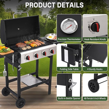 Propane Grill with Folding Side Tables, 4-Burner Gas Grill with Porcelain-Enameled Cast Iron Grates and Stainless Steel Grill Pan, 40,000 BTU BBQ Grill with Wheels for Outdoor Cooking