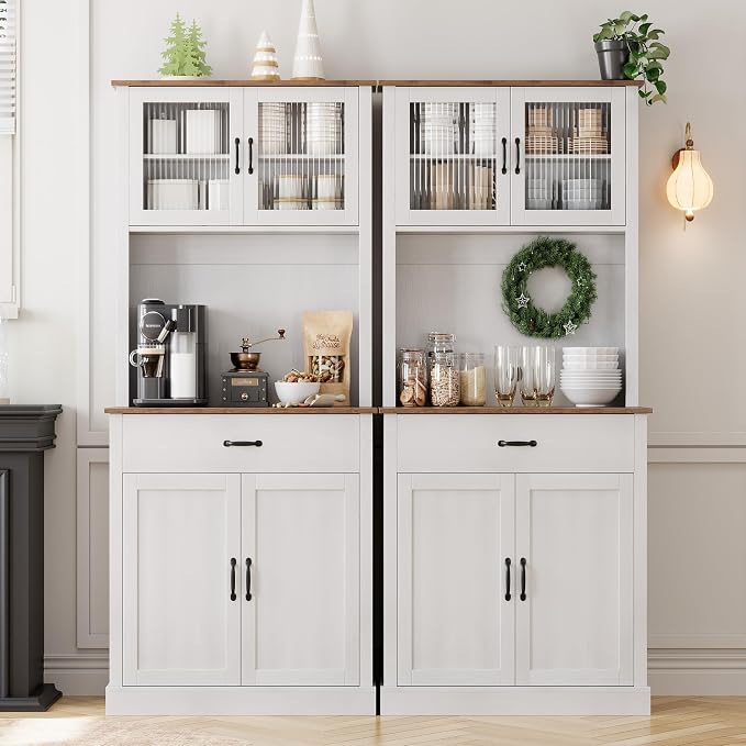 GarveeHome Kitchen Pantry Cabinet, 71 in Tall Kitchen Hutch Storage Pantry with Microwave Stand, Freestanding Buffet with Shelves and Glass Doors for Home Dining Room, White