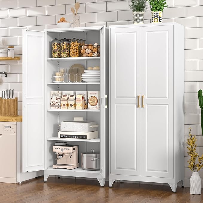 Polup Kitchen Pantry Cabinet, 75" H Metal Storage Cabinet with Doors and Shelves, 4 Standing Feet, Cupboard for Kitchen, Dining, Living Room, 16" D x 32" W x 75" H, White, Assembly Required