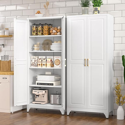 Polup Kitchen Pantry Cabinet, 75" H Metal Storage Cabinet with Doors and Shelves, 4 Standing Feet, Cupboard for Kitchen, Dining, Living Room, 16" D x 32" W x 75" H, White, Assembly Required