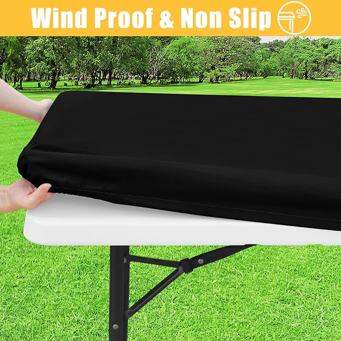 Rectangle Table Cloth, Waterproof Elastic Fitted Tablecloth for 8 Foot Folding Tables, Washable Polyester Tablecloths for Picnic, Camping, Outdoor (Black, 30"x96")