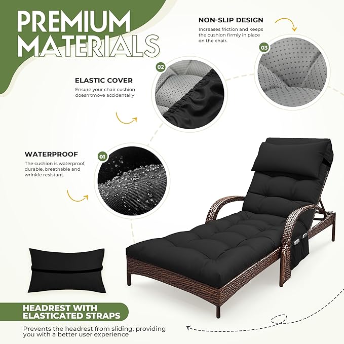 Outdoor Chaise Lounge Chair Cushion, Waterproof Outdoor Chair Cushions for Patio Furniture, 71 x 21 x 4 Inches Replacement Chaise Lounge Cushion with Ties (Black)