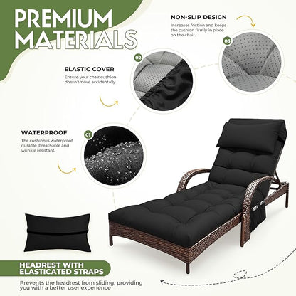 Outdoor Chaise Lounge Chair Cushion, Waterproof Outdoor Chair Cushions for Patio Furniture, 71 x 21 x 4 Inches Replacement Chaise Lounge Cushion with Ties (Black)