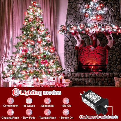 165FT 500 LED Outdoor String Lights, Plug in Christmas Lights Indoor Waterproof, 8 Modes Twinkle Fairy Lights Clear Wire for Room Xmas Patio Garden Tree Party Holiday Decorations, Red and White