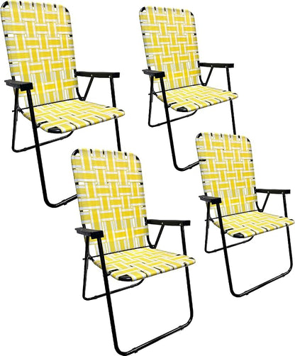 Lawn Chair Folding Steel Webbing Chaise Patio Lounger Seat Wood Handles Great for Camping, Beach, Fishing, Backyard, Stadium, Pool, Boating, and Sports 4 Pack Yellow Stripes
