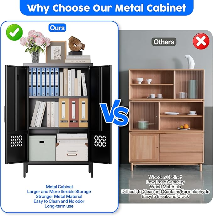 Metal Storage Cabinet with 2 Adjustable Shelves,Metal Buffet Sideboard Cabinet with 2 Doors for Home,Office, 42" H x 26" W x 14" D,Assembly Required,Black