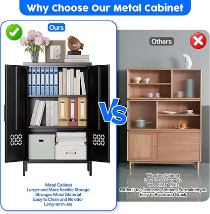 Metal Storage Cabinet with 2 Adjustable Shelves,Metal Buffet Sideboard Cabinet with 2 Doors for Home,Office, 42" H x 26" W x 14" D,Assembly Required,Black