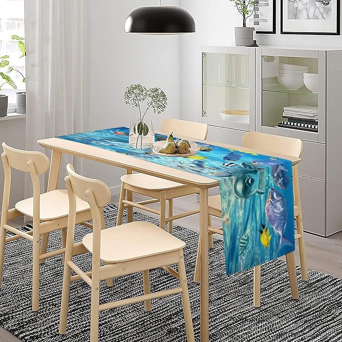Under Sea World Table Runner, Ocean Underwater Tropical Animal Fish Dolphin Summer Pattern for Family Dinner Holiday Party Kitchen Vintage Nautical World Map Underwater Ocean Animals 13x60In