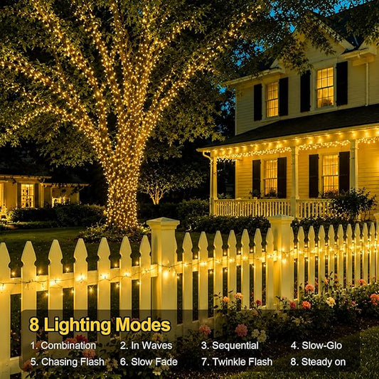 QITONG 500LED Warm White String Lights, 165ft Christmas Lights Outdoor Waterproof with Plug in, Green Wire Twinkle Tree Lights Indoor with 8 Modes