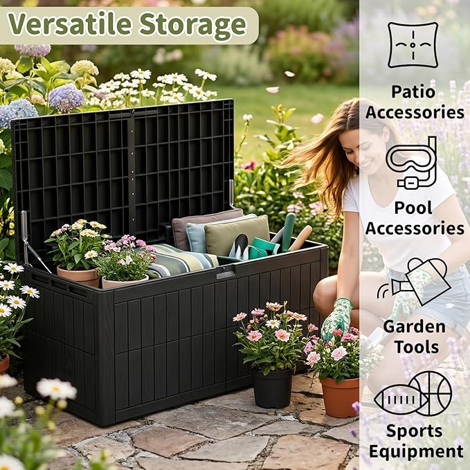 220 Gallon Outdoor Storage Box, Waterproof Lockable Resin Deck Box for Patio Furniture Cushions, Garden Tools, Pool Supplies, Extra Large Patio Storage Chest with Double Wall Design, Black