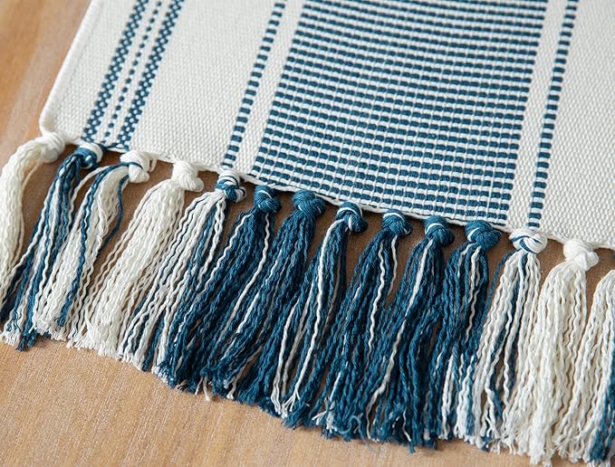 Caflife Boho Table Runner Blue and White for Modern Farmhouse Decor,Natural Cotton Woven Runner with Tassels for Home Dining Table décor 13 x 90 Inch Long
