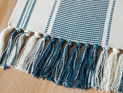 Caflife Boho Table Runner Blue and White for Modern Farmhouse Decor, Natural Cotton Woven Runner with Tassels for Home Dining Table décor 13 x 60 Inch Long