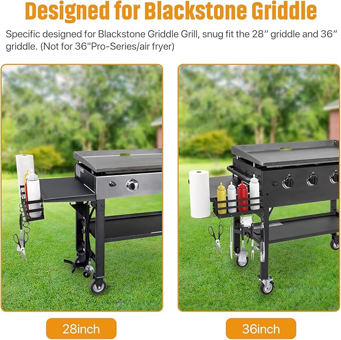 Improved Stainless Steel Griddle Caddy with Wobble-Free Paper Towel Holder for 28"/36" Blackstone Griddles, Space Saving BBQ Accessories Storage Box, Free from Drill Hole&Easy to Install