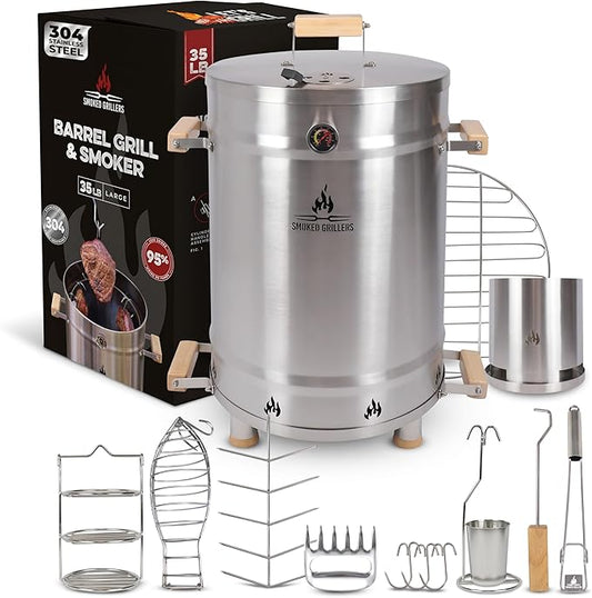 Barrel Smoker Grill Combo | 100% 304 Stainless Steel Barrel | 95% Less Smoke, Even Heat | Easy to Use & Clean – Vertical Smoker Ideal for Balconies and Backyards (LARGE-35 LBS)