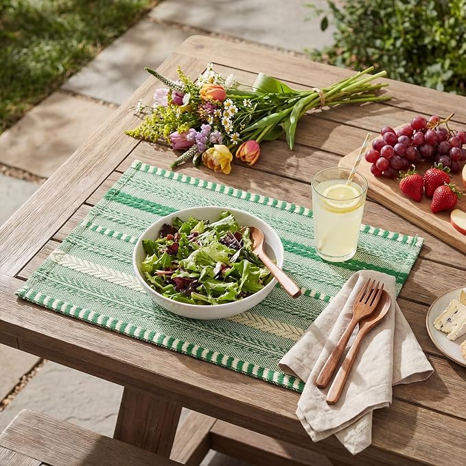 Artoid Mode Emerald Farmhouse Woven Braided Stripe Placemats Set of 6,12x18 Inch Seasonal Holiday Table Mats Party Kitchen Dining Decoration