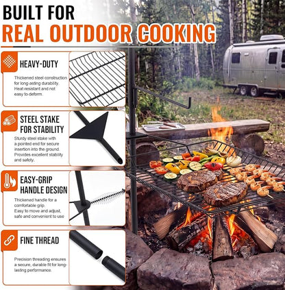 22" x 15" Fire Pit Campfire Grill Grate Campfire Grill Portable Open Fire Cooking Heavy-duty Swing Camping Cooking Barbecue Rack Easy Setup & Adjustable Height for Outdoor BBQ