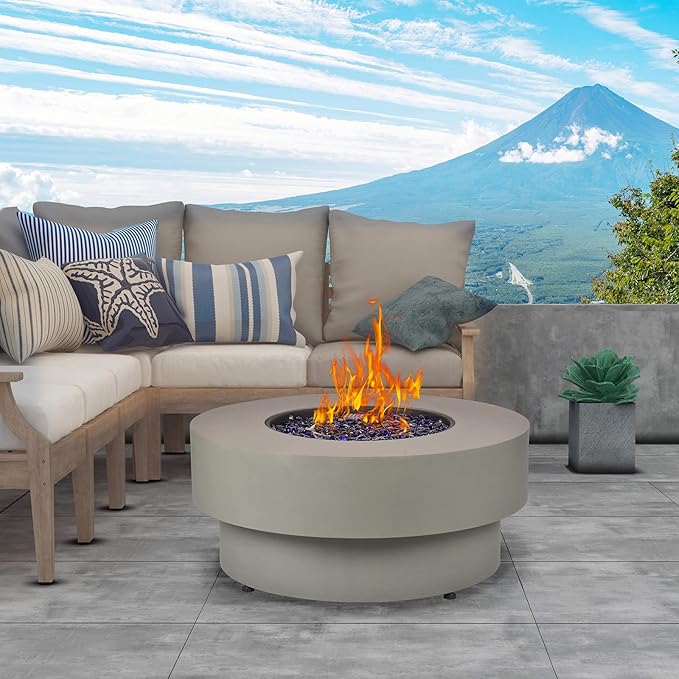 Propane Outdoor Fire Pit Table, Flint & Concrete Look 32-inch Round Patio Propane Fire Table 50,000 BTU w/Lid, Glass Rocks, Cover, Pre-Attached 10ft Hose