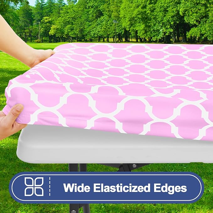 Smiry Picnic Table Cover with Bench Covers, Waterproof Elastic Fitted Tablecloth for 8 Foot Tables, Washable Polyester Tablecloths for Camping, Indoor & Outdoor (Pink, 30x96 Inch 3-pc Set)