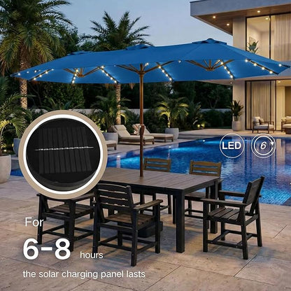 Kingdura 15ft Large Patio Umbrella with Solar Lights, Double-Sided Rectangle Outdoor Table Umbrella with Base Included, 12 Reinforced Ribs, 48 Led Lights, Crank Lift for Market Pool Deck, Royal blue