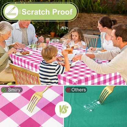 Smiry Picnic Table Cloth, Vinyl Tablecloths with Flannel Backing, 60"x84" | Waterproof Rectangle Table Cloth, Wipeable Buffalo Plaid Table Cover for Indoor and Outdoor (Hot Pink & White)