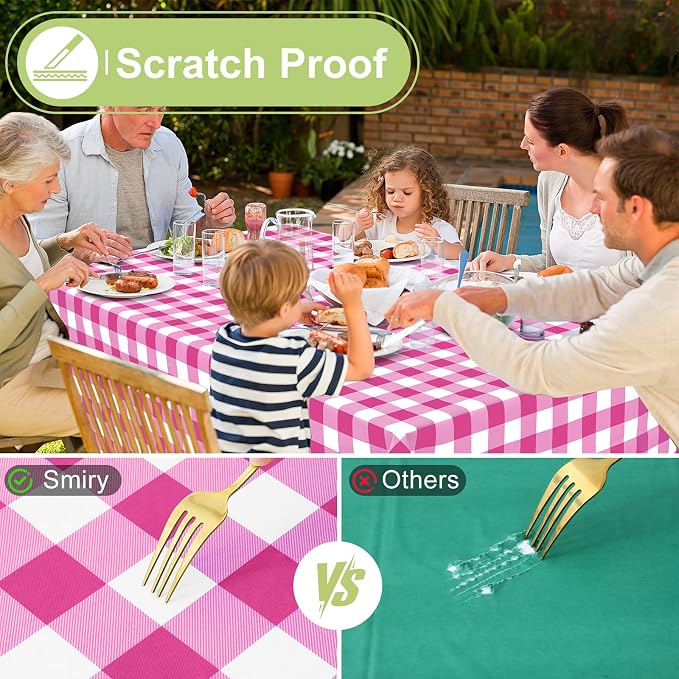 Smiry Picnic Table Cloth, Vinyl Tablecloths with Flannel Backing, 52"x70" | Waterproof Rectangle Table Cloth, Wipeable Buffalo Plaid Table Cover for Indoor and Outdoor (Hot Pink & White)