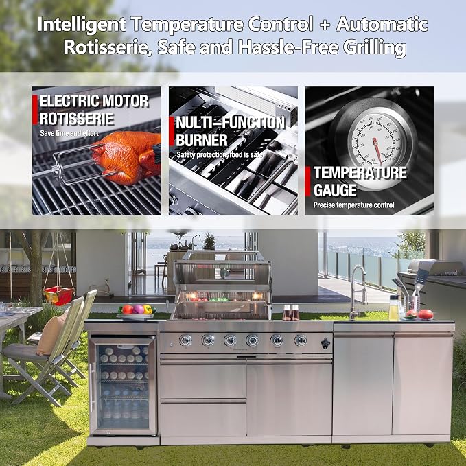 Outdoor Kitchen Island 98.4 Inch, 72000 BTU Gas Grill Combination With Refrigerator and Sink, Outdoor Stainless Steel Barbecue Bar, Natural Gas Barbecue Grill for Patios, Gardens, Parties