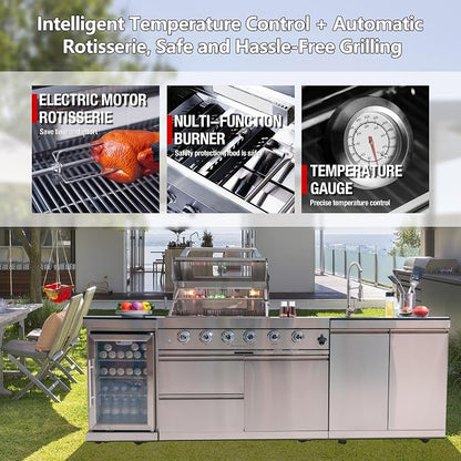 Outdoor Kitchen Island 98.4 Inch, 72000 BTU Gas Grill Combination With Refrigerator and Sink, Outdoor Stainless Steel Barbecue Bar, Natural Gas Barbecue Grill for Patios, Gardens, Parties