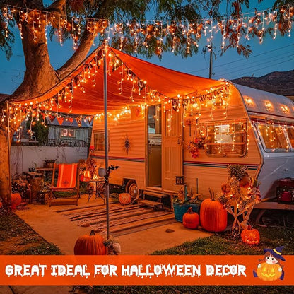 JMEXSUSS Orange Halloween Icicle Lights Outdoor, 800 LED Plug in | Waterproof, 8 Modes, Remote Control String Lights for Fireplace Eave Garden Patio Thanksgiving Fall Halloween Decor