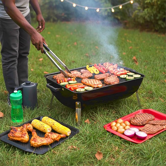 4 Pcs Grilling Prep and Serve Trays, 17x12 Inch BBQ Plastic Nesting Trays for Raw and Cooked Food, Dishwasher Safe Marinating and Serving Platters, Black and Red