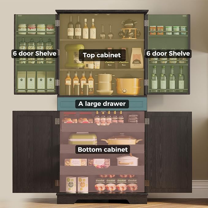 IRONCK 72" Farmhouse Kitchen Pantry Cabinet with Sliding Storage Rack,Black | Tall Freestanding Cupboard with 6 Hanging Shelves for Kitchen, Dining Room