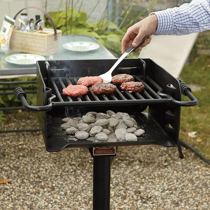 Pilot Rock Park Style Heavy Duty Steel Outdoor BBQ Charcoal Grill with Cooking Grate & 360 Degree Swivel Post for Camping or Backyard, Black (3 Pack)