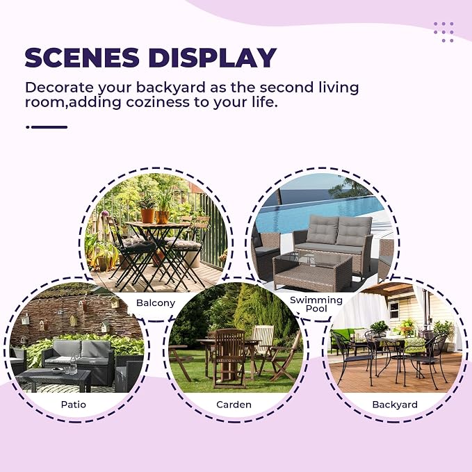 DANGHOOGY Wicker Chair Cushions, Waterproof Outdoor Loveseat Cushions for Patio Furniture, Tufted Wicker Furniture Cushions, 1 Loveseat and 2 U-Shaped Cushions (Purple Flower)