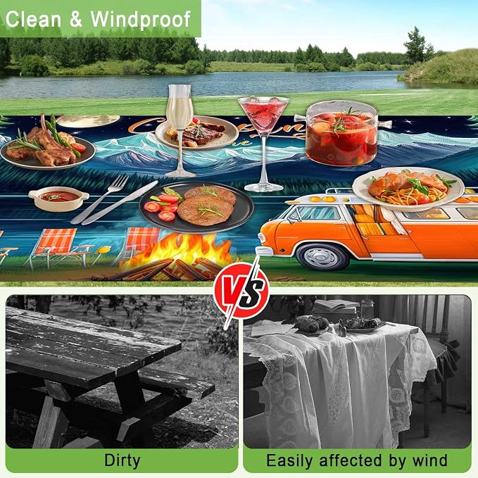 Picnic Table Cover with Bench Covers and Bag, Forest Mountain Lake Fitted Outdoor Table Covers, Camping Essentials, Windproof & Waterproof Tablecloth Cover with Elastic Edge, 3 PCS, 30x72 Inch