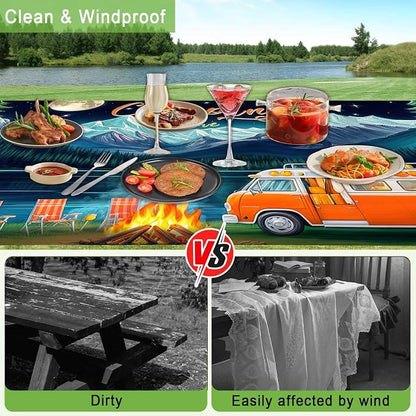 Picnic Table Cover with Bench Covers and Bag, Forest Mountain Lake Fitted Outdoor Table Covers, Camping Essentials, Windproof & Waterproof Tablecloth Cover with Elastic Edge, 3 PCS, 30x72 Inch