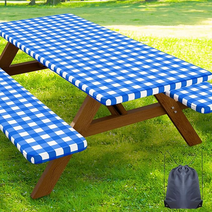 Smiry Picnic Table Cover with Bench Covers, Waterproof Elastic Fitted Tablecloths for 5 Foot Rectangle Tables, Washable Buffalo Plaid Tablecloth for Camping, Outdoor (Blue & White, 30"x60")
