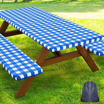Smiry Picnic Table Cover with Bench Covers, Waterproof Elastic Fitted Tablecloths for 24x48 Rectangle Tables, Washable Buffalo Plaid Tablecloth for Camping, Outdoor (Blue & White, 24" x 48")