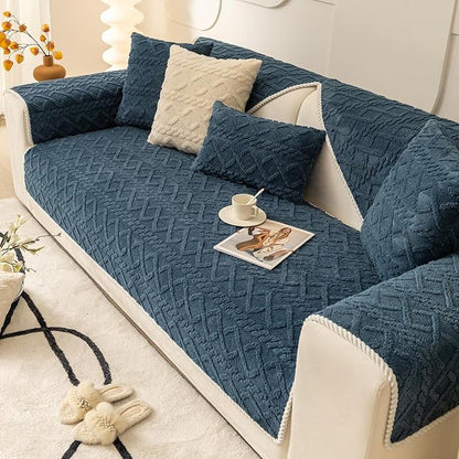 vctops Geometric Jacquard Plush Sofa Couch Covers Farmhouse Neutral Non Slip Sectional Couch Cover Soft Warm Sofa Slipcover for Dogs, Children, Pets Furniture Protector (Dark Blue,28"x47")