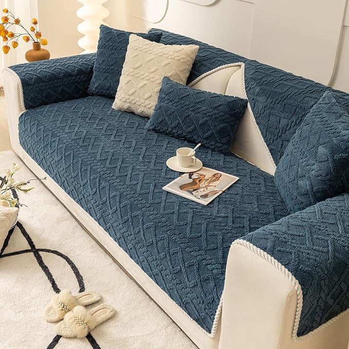 vctops Geometric Jacquard Plush Sofa Couch Covers Farmhouse Neutral Non Slip Sectional Couch Cover Soft Warm Sofa Slipcover for Dogs, Children, Pets Furniture Protector (Dark Blue,43"x70")